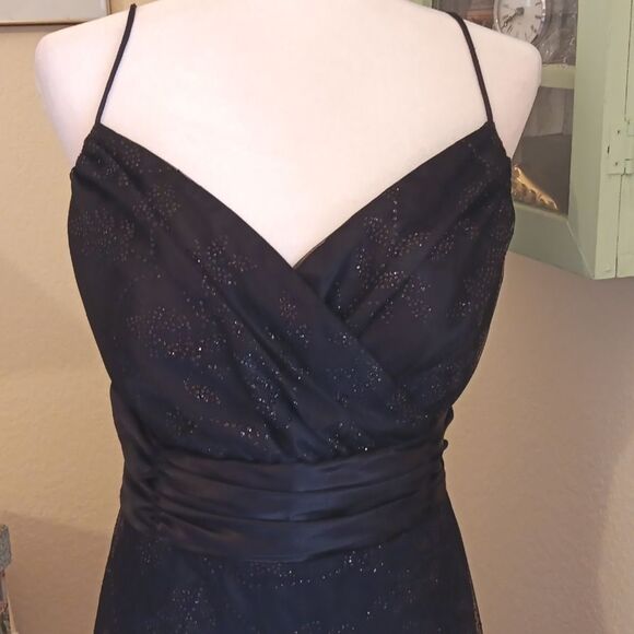 Blu Sage Black Spaghetti Strap Midi Evening Dress. Elegant. Sparkly. - Picture 2 of 11